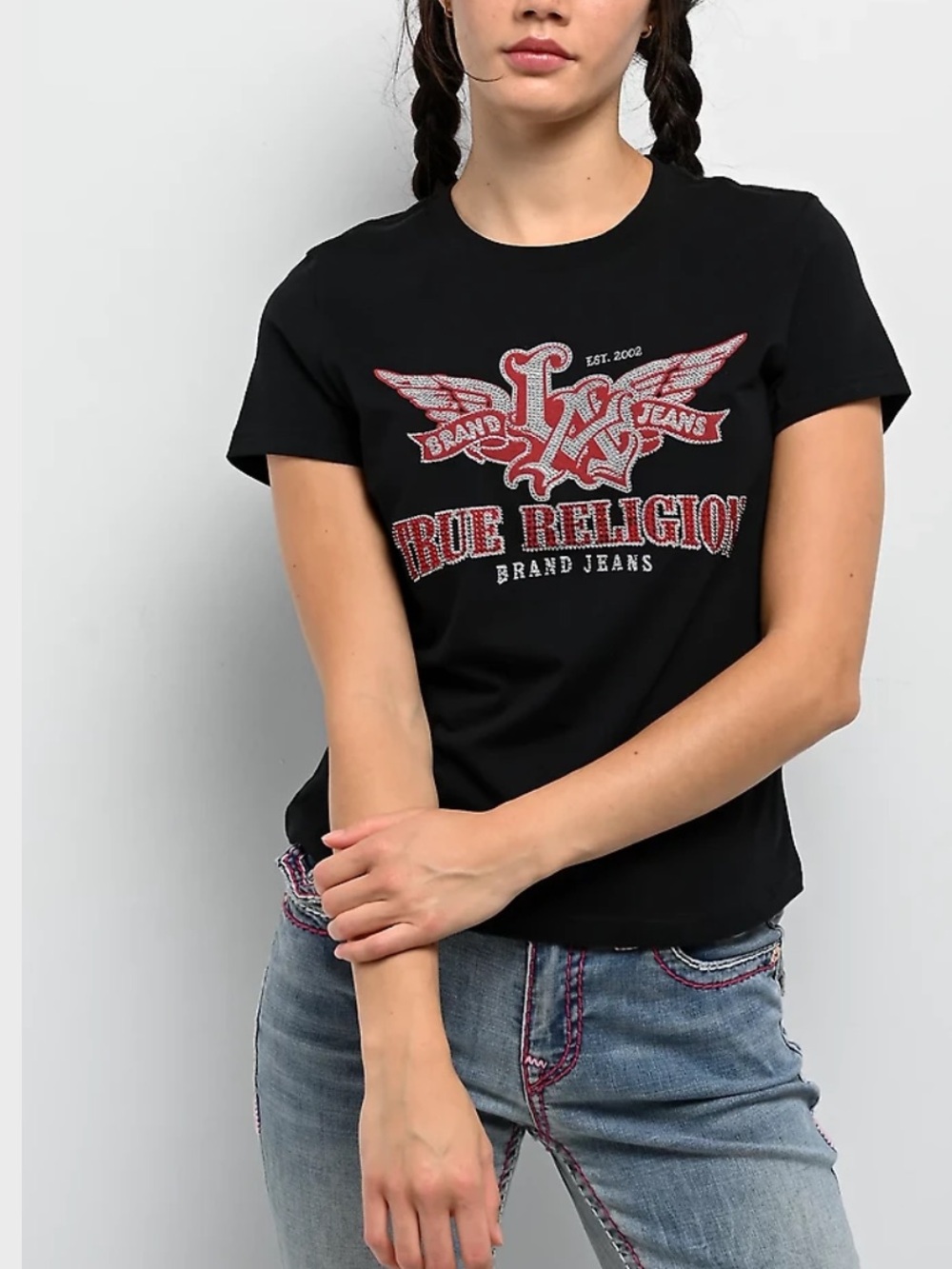 True Religion Wing Crystal Black Crop Tee Size XS NWOT